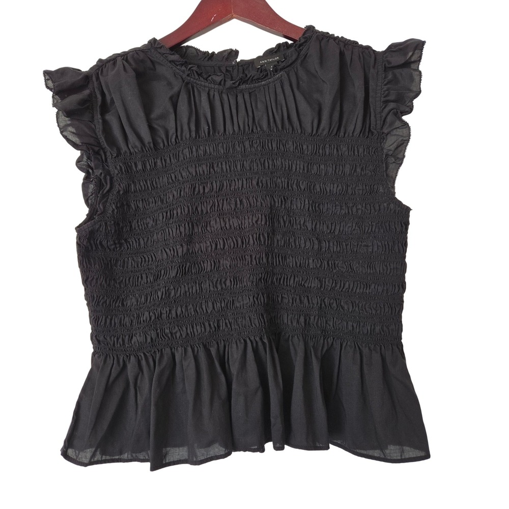 Ann Taylor Smocked Peplum Blouse Black Size L Ruffle Flutter Sleeve Feminine